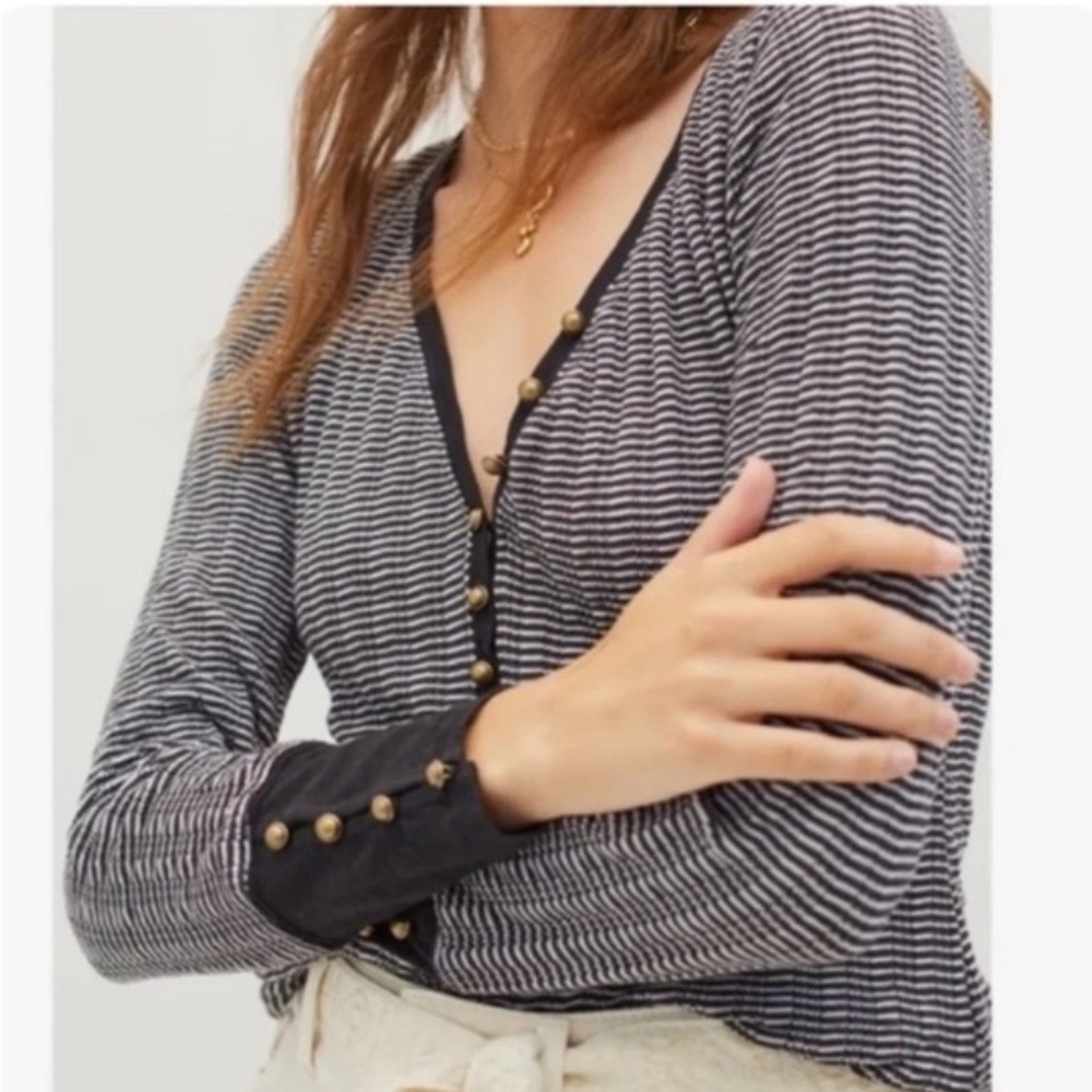 Pilcro for Anthropologie Navy Blue and White Striped Henley - Picture 2 of 6